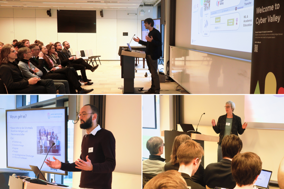 The University of Tübingen highlighted the contributions they make to the ethical foundation of artificial intelligence and its potential to enhance our society. (Dr. Matthias Bethge (top), Prof. Dr. Philipp Berens (Bottom left), Prof. Dr. Ulrike von Luxburg (bottom right) Picture: Cyber Valley